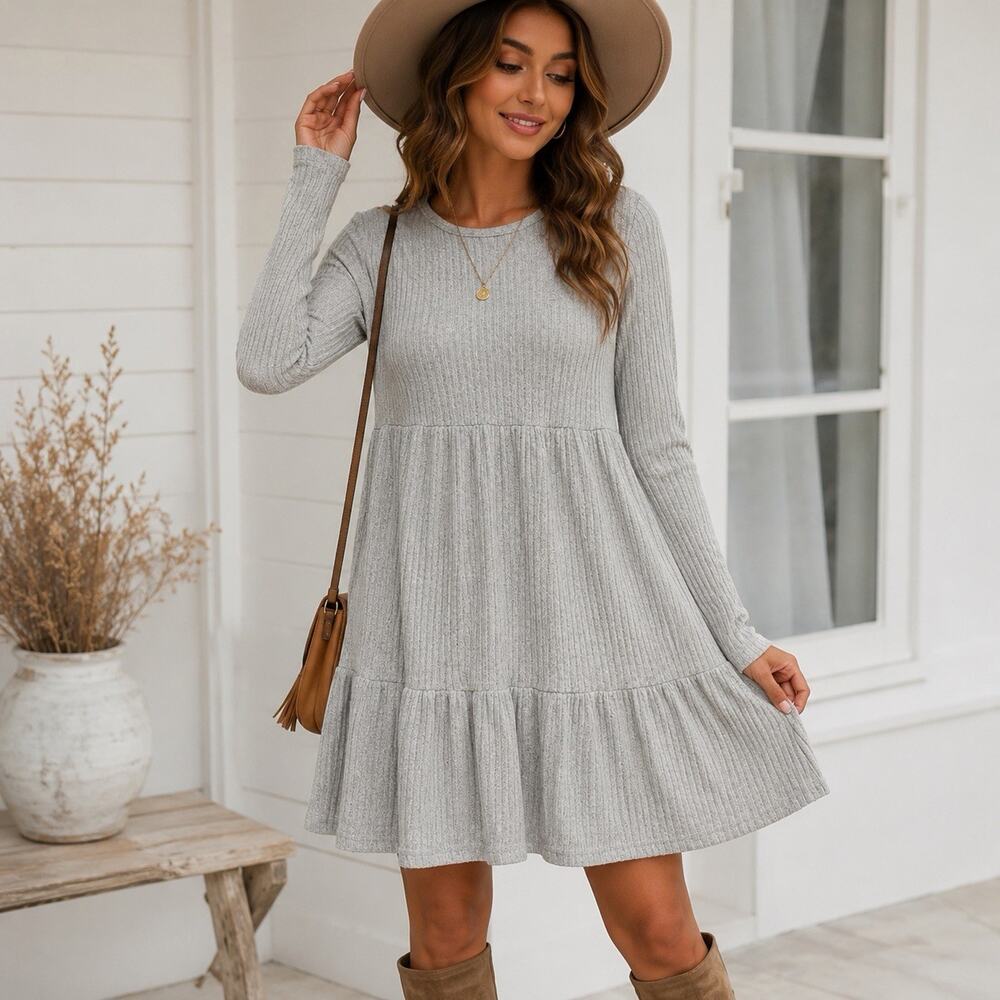 CUPSHE Ribbed Knit Tiered Mini Dress Gray Long Sleeve Babydoll Boho Size S NWT